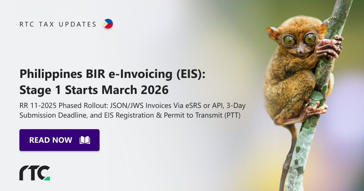 RTC_Suite's tweet image. Philippines advances EIS under RR 11-2025: phased rollout from March 2026. JSON e-invoices, 3-day submission, and certification/PTT required.

🔗 rtcsuite.com/bir-e-invoicin…

#eInvoicing #Philippines #BIR #TaxTechnology