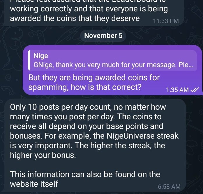 The <a href="/NigeOfficial/">Nige</a> leaderboard is working perfectly and the team said every one is awarded based on the coin they deserve 

   And for those Spammers, please note that it's only 10 posts that count per day no matter how many times you post.

    Also the coin you are rewarded with