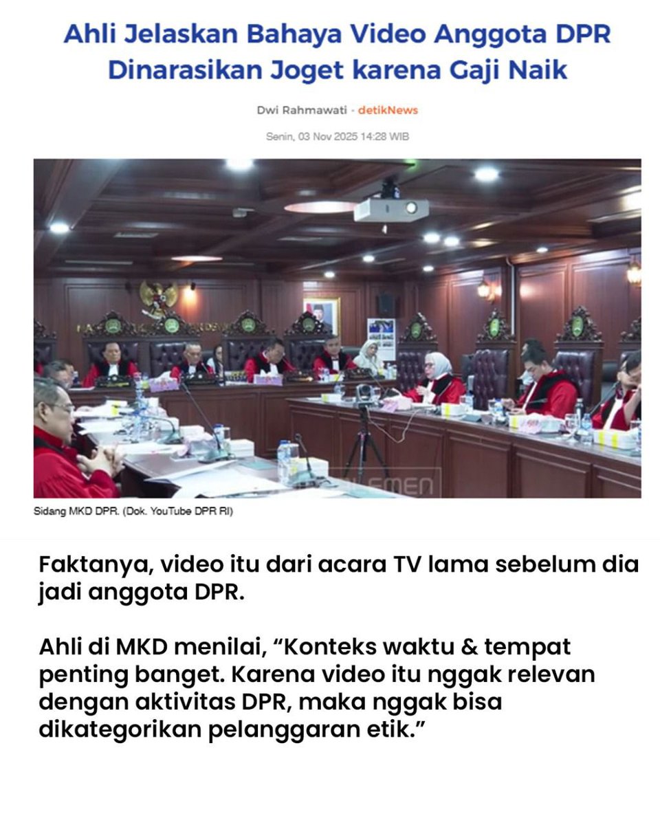 thinkoffuture_'s tweet image. Video Uya Kuya berjoget di sidang tahunan ternyata editan lama yang disebar dengan narasi palsu “DPR rayakan kenaikan gaji”. Hasil sidang MKD: Uya tidak bersalah, justru jadi korban hoaks.

#FaktaSidangMKD
Klarifikasi Kode Etik DPR RI
