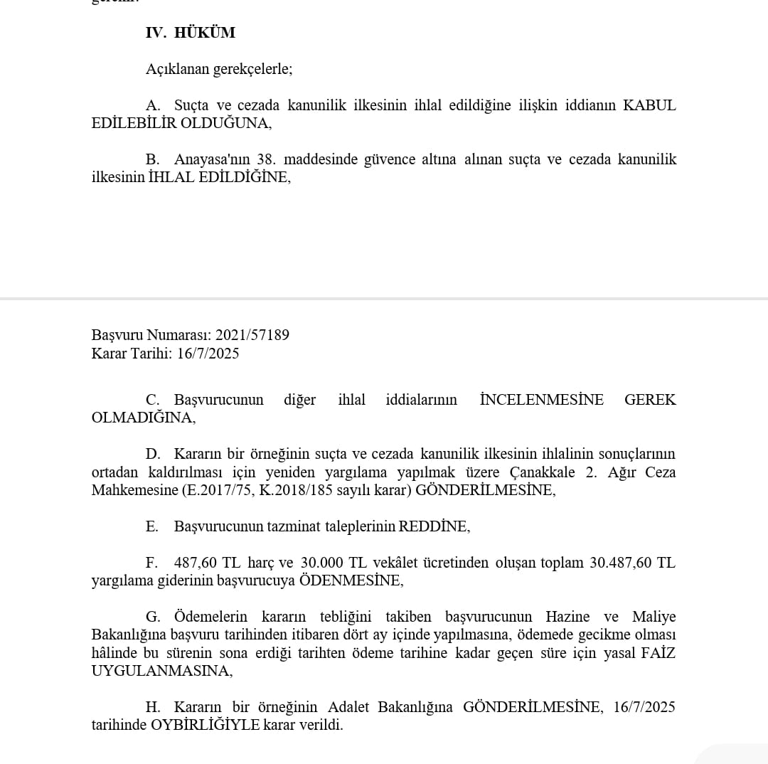 Anayasa Mahkemesi, FETÖ üyeliğinden 6 yıl 3 ay hapis cezasına mahkûm edilen kişinin başvurusunda önemli bir hak ihlali tespit etti. 

Mahkeme, Anayasa’nın 38. maddesinde yer alan “suçta ve cezada kanunilik” ilkesinin ihlal edildiğine hükmetti. Kararda, Bank Asya’ya para yatırma,