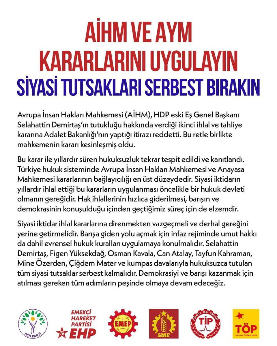 AİHM ve AYM kararlarını uygulayın! Siyasi tutsakları serbest bırakın!

DEM Parti, EHP, EMEP, SMF ve TÖP ile ortak basın açıklamamız: