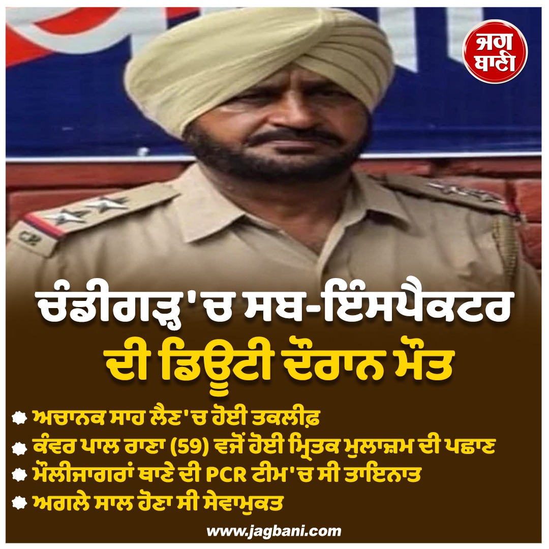 JagbaniOnline's tweet photo. ਚੰਡੀਗੜ੍ਹ 'ਚ ਸਬ-ਇੰਸਪੈਕਟਰ ਦੀ ਡਿਊਟੀ ਦੌਰਾਨ ਮੌ.ਤ
#Chandigarh #PoliceStation #SubInspector #Death #PCRTeam https://t.co/8PZlI3syJm
