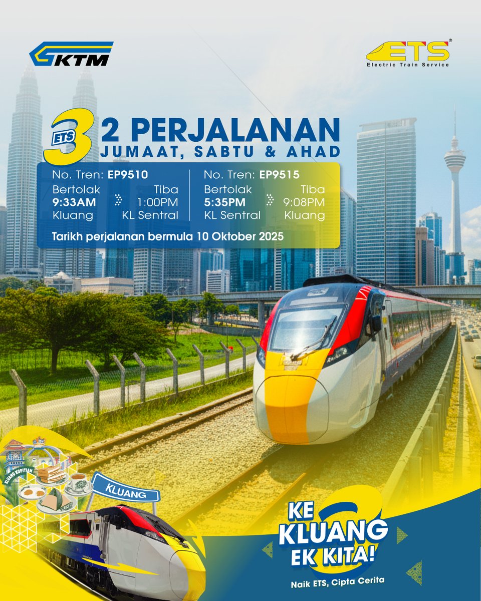 ktm_berhad's tweet photo. Cukup satu hari, naik ETS dari Kluang ke KL balik hari jer.🚄✨

Lagi senang, sekarang dah ada 2 perjalanan setiap Jumaat, Sabtu &amp; Ahad dari Kluang ↔ KL Sentral. 

Beli tiket melalui aplikasi KITS Style!

#ETS #ETS3 #electrictrainservice #KTMB #ETSkeKluang https://t.co/qQD6meItER
