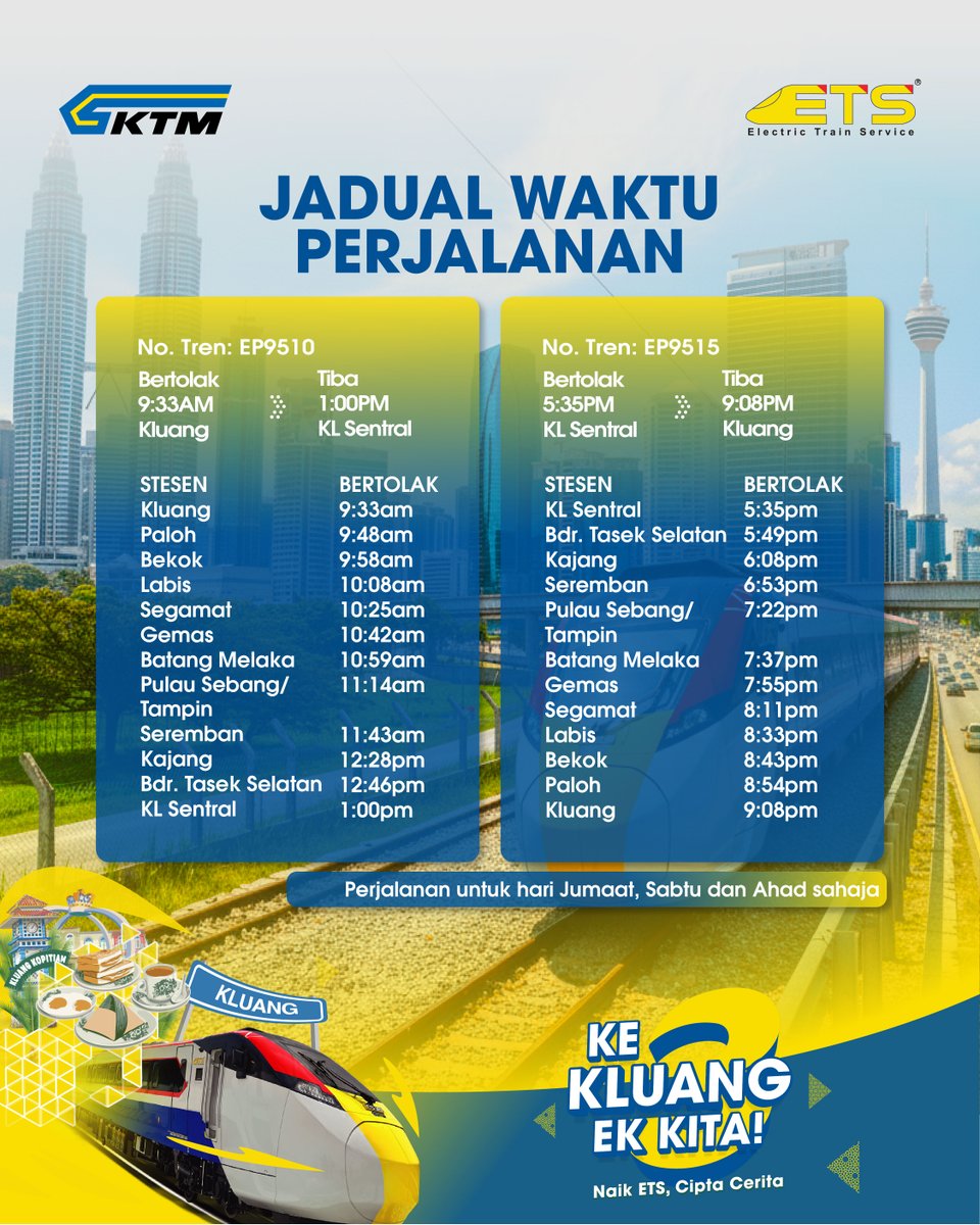 ktm_berhad's tweet photo. Cukup satu hari, naik ETS dari Kluang ke KL balik hari jer.🚄✨

Lagi senang, sekarang dah ada 2 perjalanan setiap Jumaat, Sabtu &amp; Ahad dari Kluang ↔ KL Sentral. 

Beli tiket melalui aplikasi KITS Style!

#ETS #ETS3 #electrictrainservice #KTMB #ETSkeKluang https://t.co/qQD6meItER