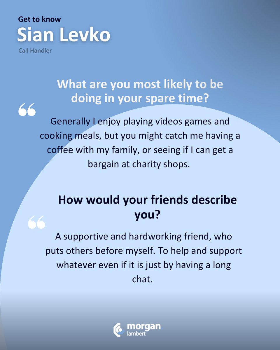 MorganLambert8's tweet photo. We spoke with Sian Levko about life at Morgan Lambert — her role, what she enjoys most, and how she spends her spare time.
 
A key part of our head office team, Sian helps ensure our customers receive the excellent service they expect ✅

#MeetTheTeam #MorganLambert https://t.co/beBVI2vaOw