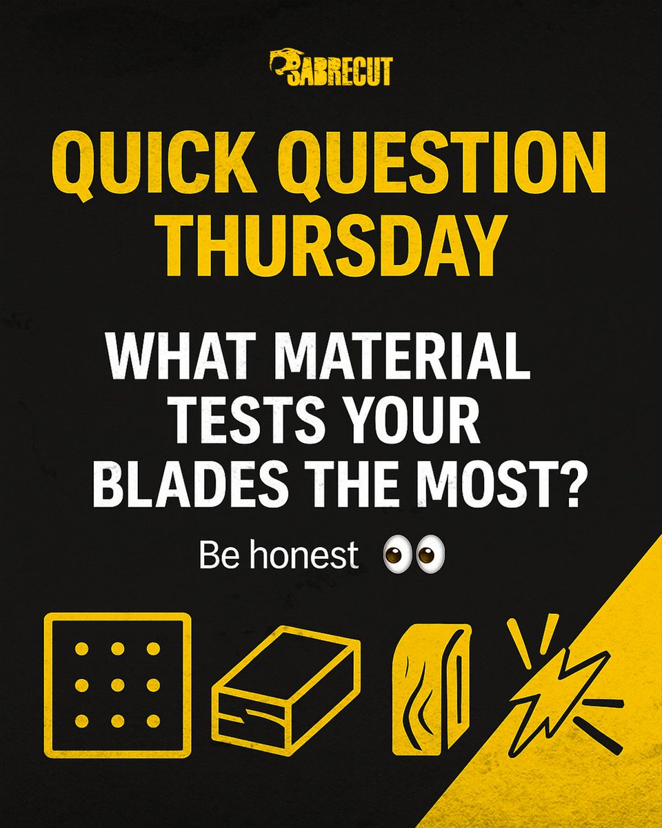 SabreCut_'s tweet image. ⚙️ Quick Question Thursday:
What material tests your blades the most? 👀
#SabreCutTools #QuickQuestionThursday #BladeLife #CuttingTools #TradesLife