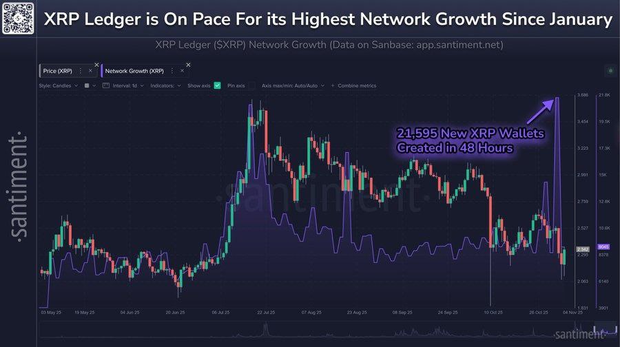 kyledoops's tweet photo. Mastercard is teaming up with Ripple and Gemini to test $RLUSD stablecoin settlements on the $XRP Ledger, a major bridge between crypto and TradFi.

In just 48 hours, 21,595 new wallets have popped up. It’s the biggest spike in 8 months - even though $XRP is still 38% below its ATH.

Feels like something’s quietly brewing here… comeback loading?