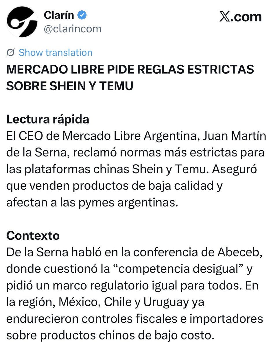 No puedo creer lo que estoy leyendo, qué decepción. Cómo van a trabar la llegada de productos chinos, con qué fundamentos? Piden aranceles? Cupos de importación? Y el mercado libre?  No será un problema de tipo de cambio artificial?