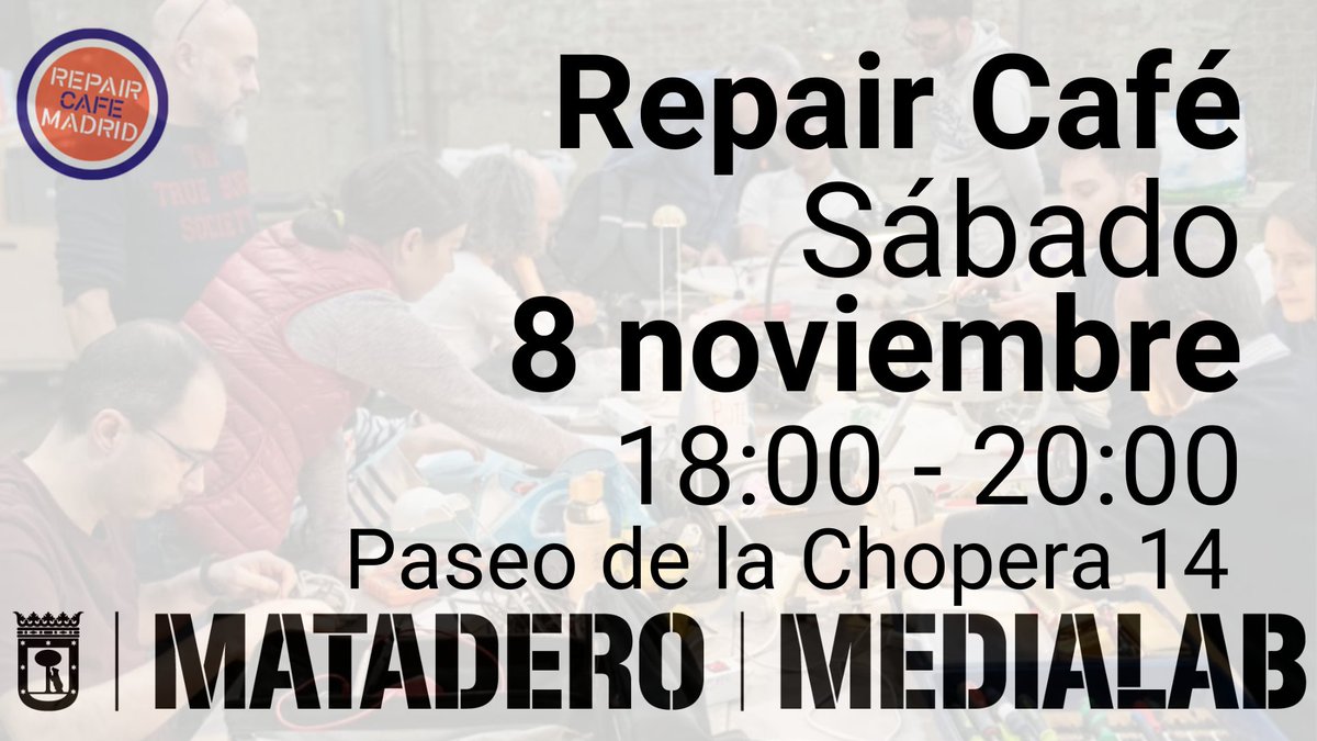 MadridRepair's tweet image. Este sábado día 8 tienes un encuentro colaborativo en @medialabMM para reparar pequeños objetos cotidianos y aprender a mirarlos de una manera más sostenible.
Te esperamos a las 18:00 en la Sala #Terrario de @mataderomadrid
facebook.com/events/8147430…
#RepairCafé #Medialab