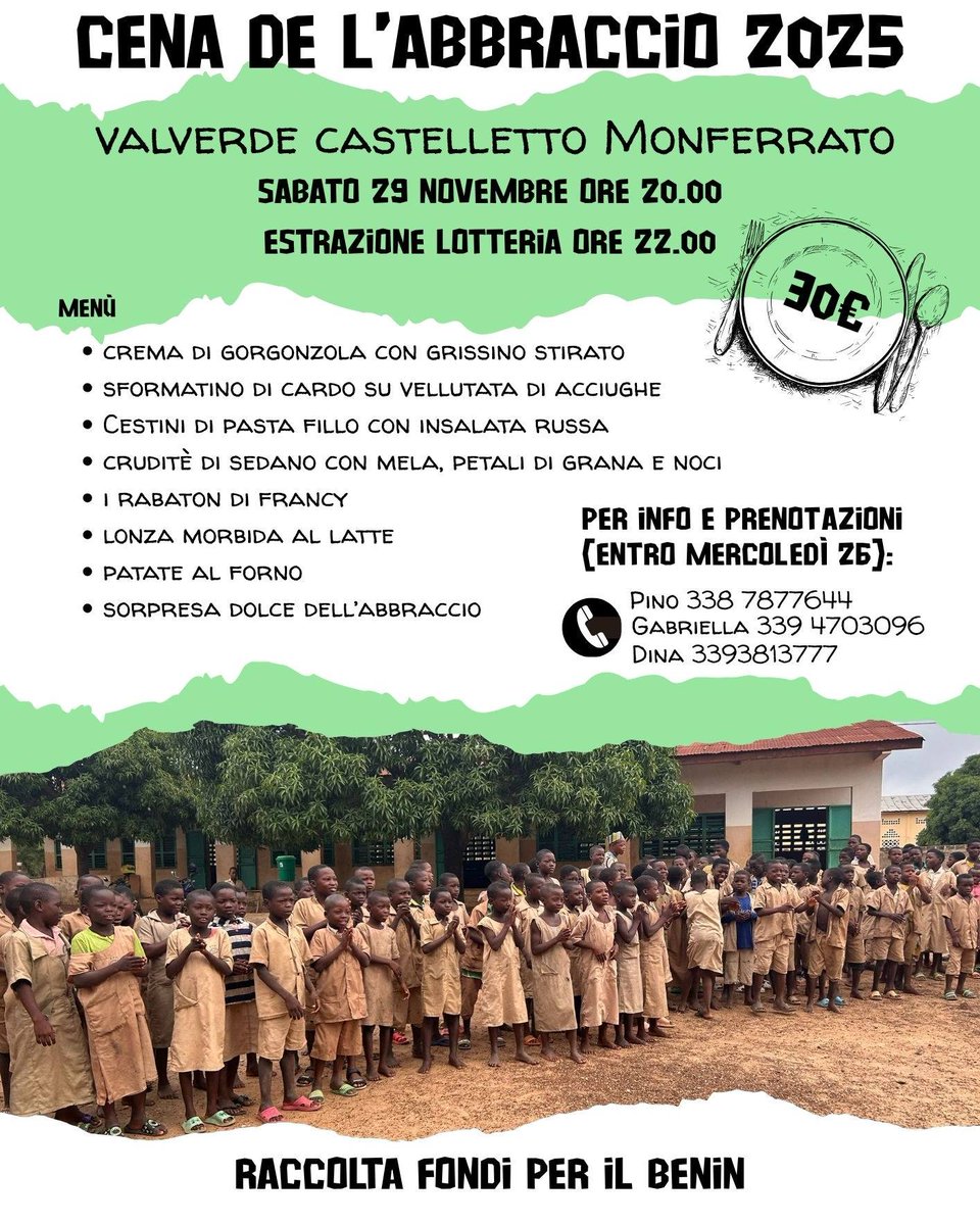 Suggeriamo iniziative!
#LAbbraccioODV organizza per il 29 novembre la Cena dell'Abbraccio 2025. Il ricavato sarà devoluto per sostenere i progetti in #Benin 🇧🇯 .
Appuntamento per le ore 20 a Valverde, #CastellettoMonferrato (AL).
#Eventi solidali by xlestrade.org/eventi/