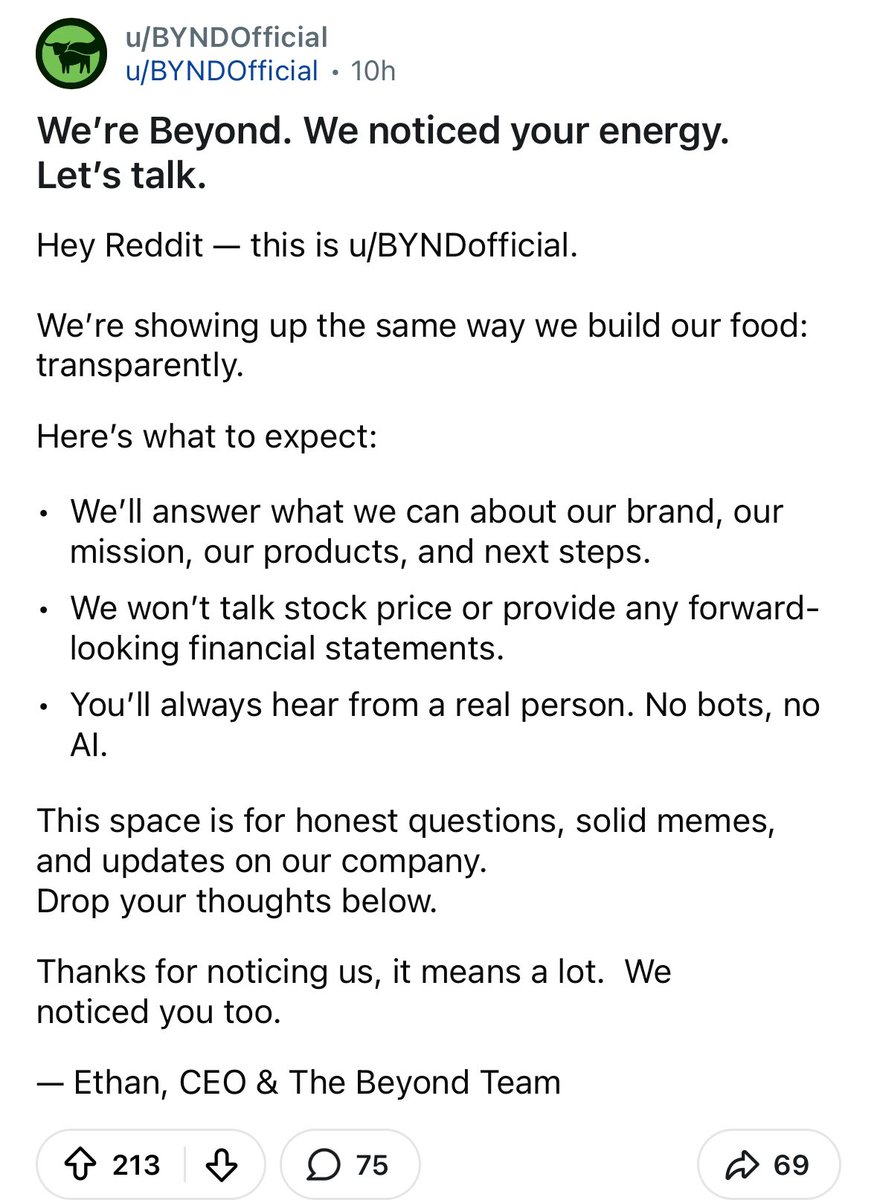 capybaraReborn's tweet photo. $BYND joins Reddit. Finally a much needed sign it listens to retail and our concerns. Hopefully up next will be the turnaround plan at earnings. https://t.co/KC27OfGwlX