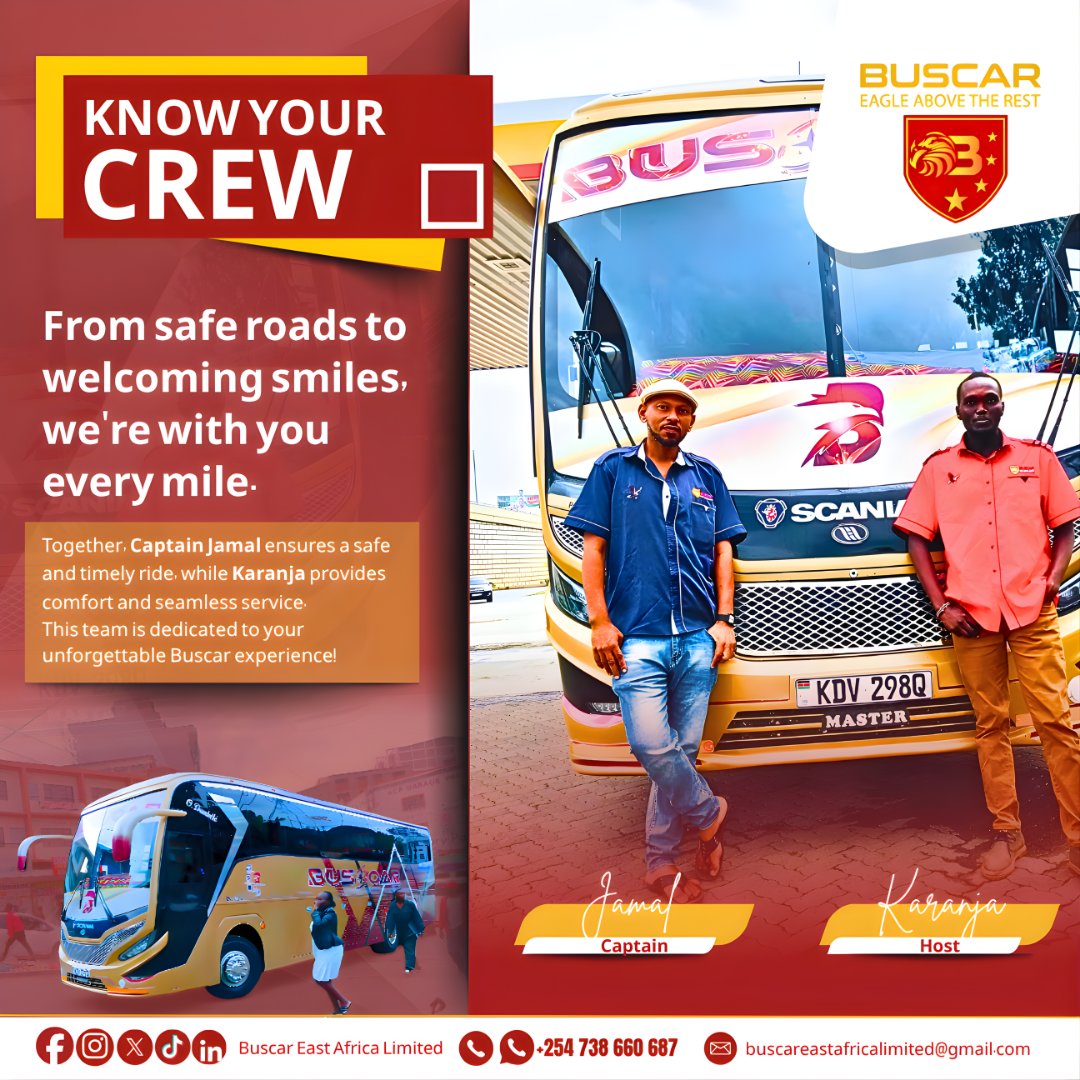 Buscar_EA's tweet photo. KNOW YOUR CREW!π€©
Meet the dynamic duo: Captain Jamal & Host Karanja!
Together, they ensure a safe, timely ride & seamless service every mile.
We're proud of the team dedicated to your unforgettable Buscar experience!
Say hi to the crew next time you travel!π
#KnowYourCrew https://t.co/y6PdCILa61