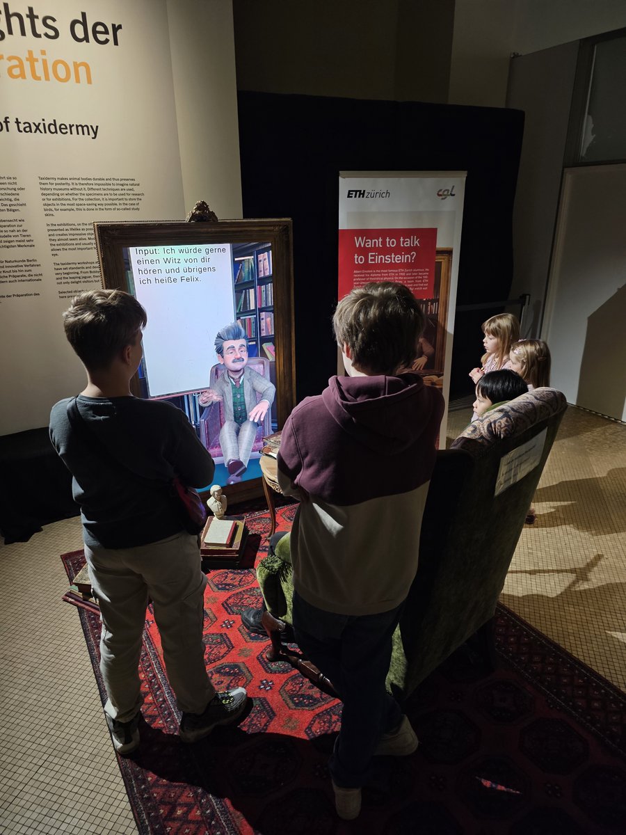 CGL_ETHZ's tweet image. At Berlin Science Week 2025 in the Natural History Museum, Digital Einstein engaged a diverse audience of all ages in lively conversations about science and technology. The installation attracted strong public interest and was featured in television, print, and online media.