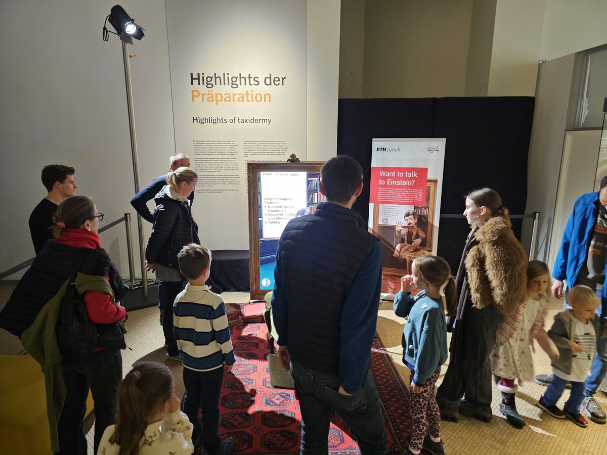 CGL_ETHZ's tweet image. At Berlin Science Week 2025 in the Natural History Museum, Digital Einstein engaged a diverse audience of all ages in lively conversations about science and technology. The installation attracted strong public interest and was featured in television, print, and online media.