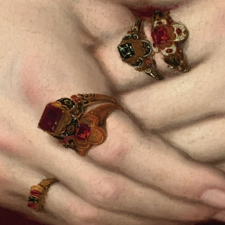 ArtorOtherThing's tweet image. Ring details from ‘Portrait of a Noble Woman’ by Nicolas Neufchatel, c. 1567.