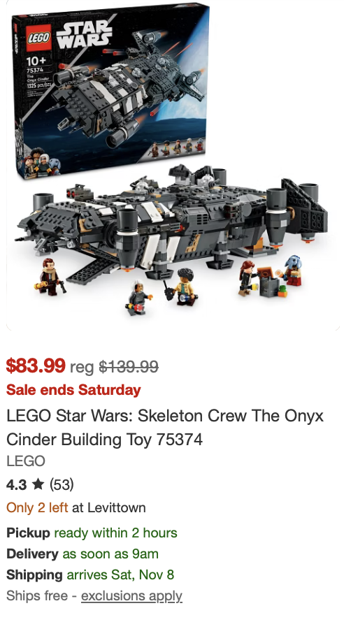 MixedBrick's tweet photo. 🚨LEGO DEAL ALERT🚨 

@Target LEGO Star Wars Onyx Cinder 75374 (40% off)

Regular Price: $139.99
🔴SALE PRICE: $83.99🔴

THIS WILL NOT LAST IN-STOCK LONG

https://t.co/N62Yz2Ctz2

#LEGO #legonews #legodeals #legoshop #Target #BlackFriday https://t.co/ujJiC80MNE