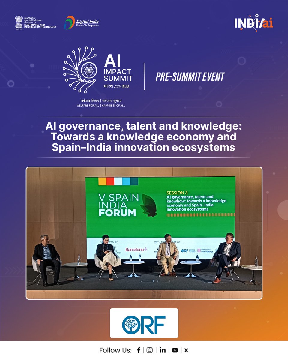OfficialINDIAai's tweet image. The #RoadtoImpact for the India - AI Impact Summit 2026 (February 19–20, 2026) made an insightful stop at the V Spain–India Forum, an official pre-summit event.

This high-level roundtable brought together leaders from across the globe to strengthen collaboration between Spain…
