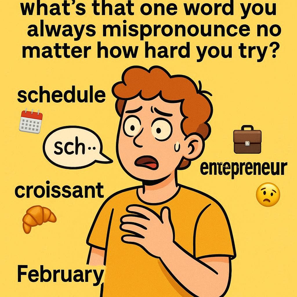 You_SpeakHQ's tweet image. What’s that ONE word you always mispronounce no matter how hard you try? 
Options:
📅 Schedule
💼 Entrepreneur
🥐 Croissant
😅 February

Drop your pick below 👇 

#LanguageStruggles 
#LearnWithSPK #RelatableMoments