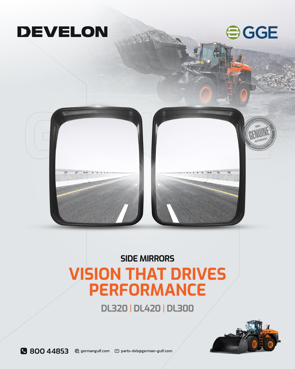 GermanGulfEnt's tweet image. Clear vision = Safe operation. 
Ge👁️nuine DEVELON Cabin Side Mirrors now available at German Gulf Enterprises.
✔ Perfect fit for wheel loaders
✔ Superior site visibility
✔ Vibration-resistant
✔ Full warranty
📞 800-GGULF
#DEVELON #GenuineParts #ConstructionSafety #UAE