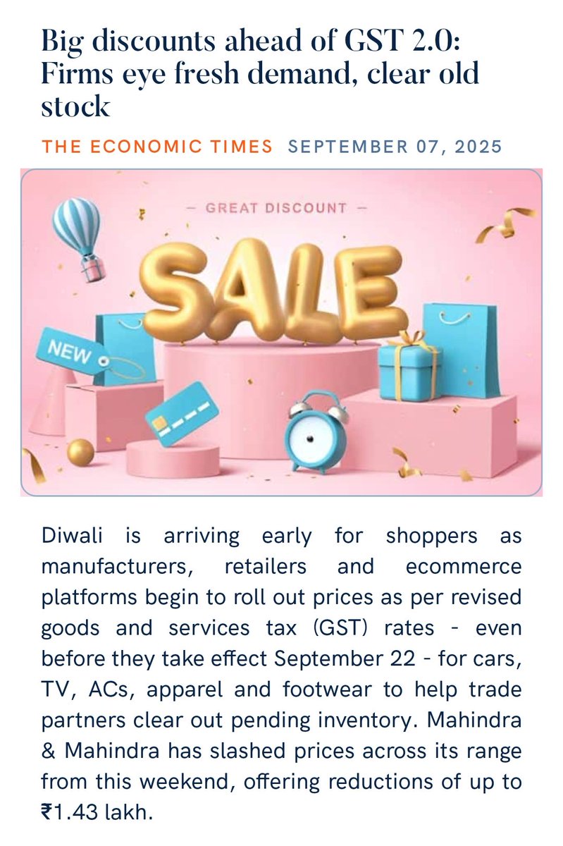 zahidpatka's tweet image. #NextGenGSTReforms 
PM @narendramodi Ji Believes Nation First 
#EaseOfLiving for Citizens 
Nation’s Mood: 𝐀𝐛𝐡𝐢 𝐭𝐨𝐡 𝐩𝐚𝐫𝐭𝐲 𝐬𝐡𝐮𝐫𝐮 𝐡𝐮𝐢 𝐡𝐚𝐢  🎉🥳🤩
Big discounts ahead of GST 2.0: Firms eye fresh demand, clear old stock
economictimes.indiatimes.com/industry/auto/…
@PMOIndia