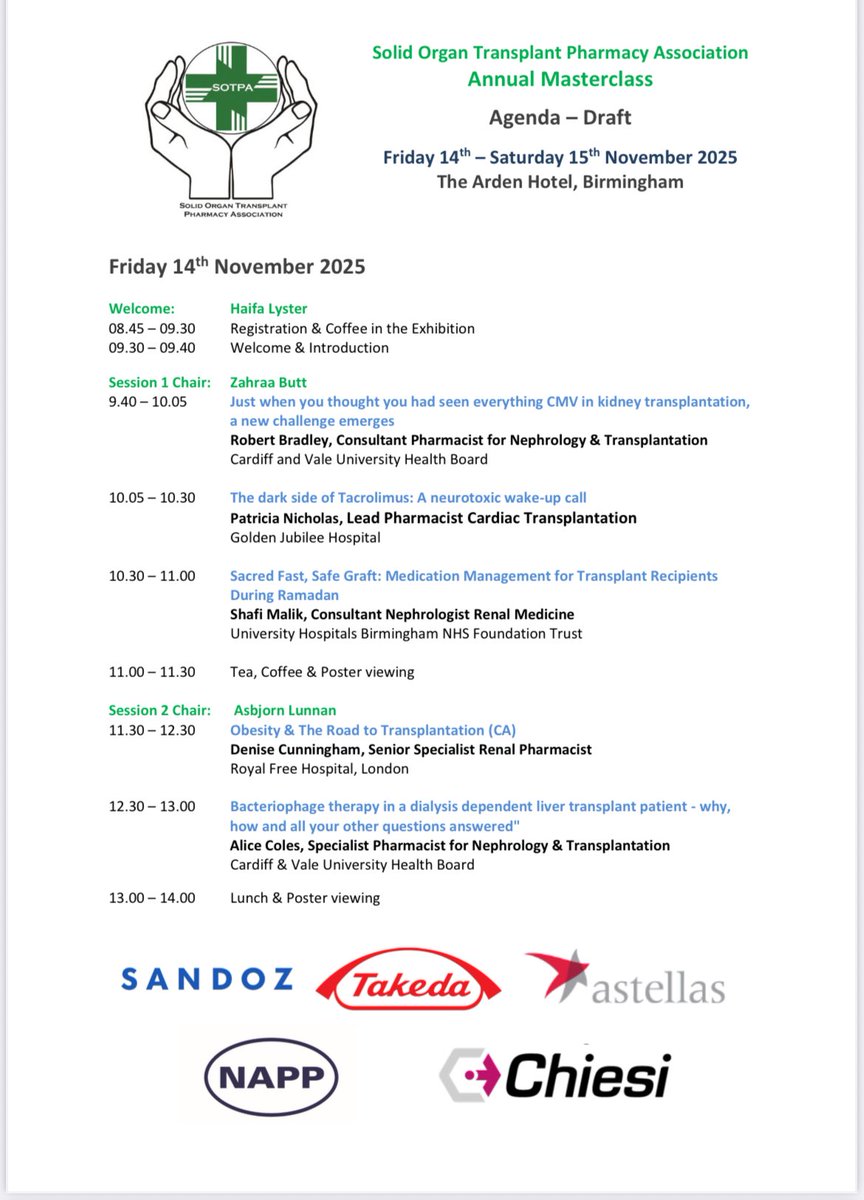 SOTPA1's tweet photo. Still time to register for the SOTPA Masterclass on 14th/15th November! Another great agenda awaits - hope to see you there. #SOTPA #transplant 

@DrDianeAshiru @HaifaLyster @danechoward https://t.co/8NC9VxR8D1