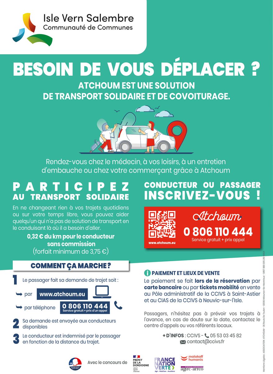 Vous habitez une commune de la CCIVS et vous avez besoin de vous rendre quelque part, faites une demande de trajet aller-retour auprès d' ATCHOUM qui s’occupe de vous mettre en relation avec un conducteur solidaire. Inscription au 0 806 110 444 /  atchoum.eu