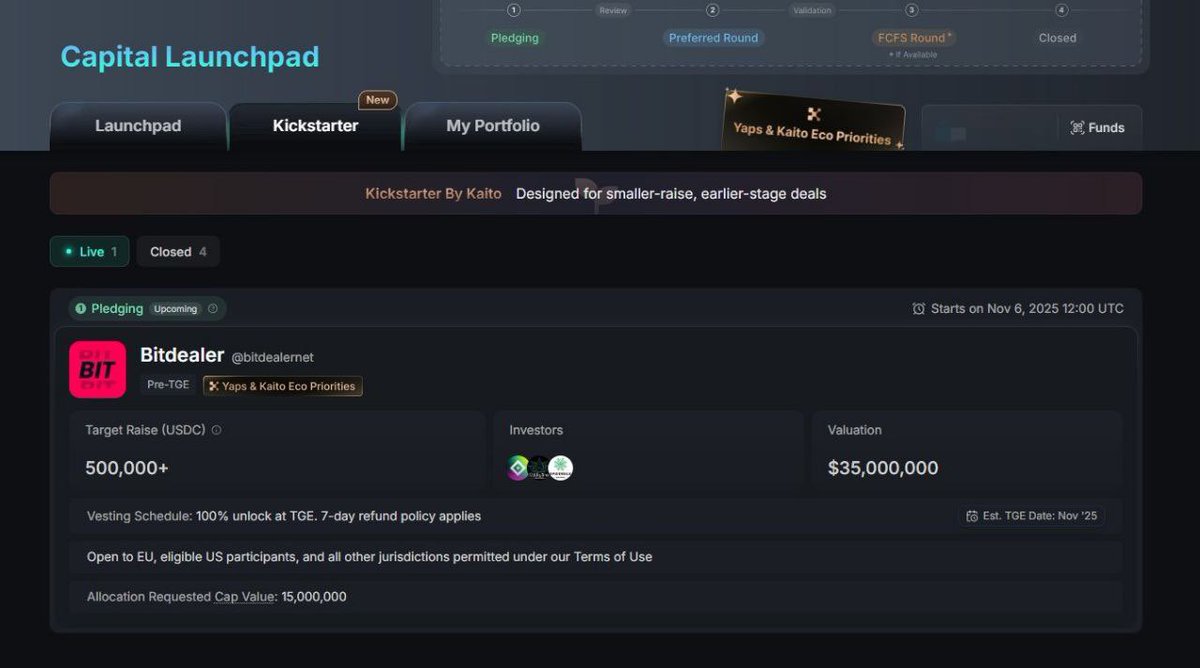 Sky_Alphaa's tweet image. 🚨 Kaito Launchpad New Sale Alert! 

Bitdealer ICO LIVE Today Zero Loss, All Gain! 😱

@KaitoAI just announced its first-ever community sale on Kickstarter featuring @bitdealernet 

Here's everything you need to know👇🧵