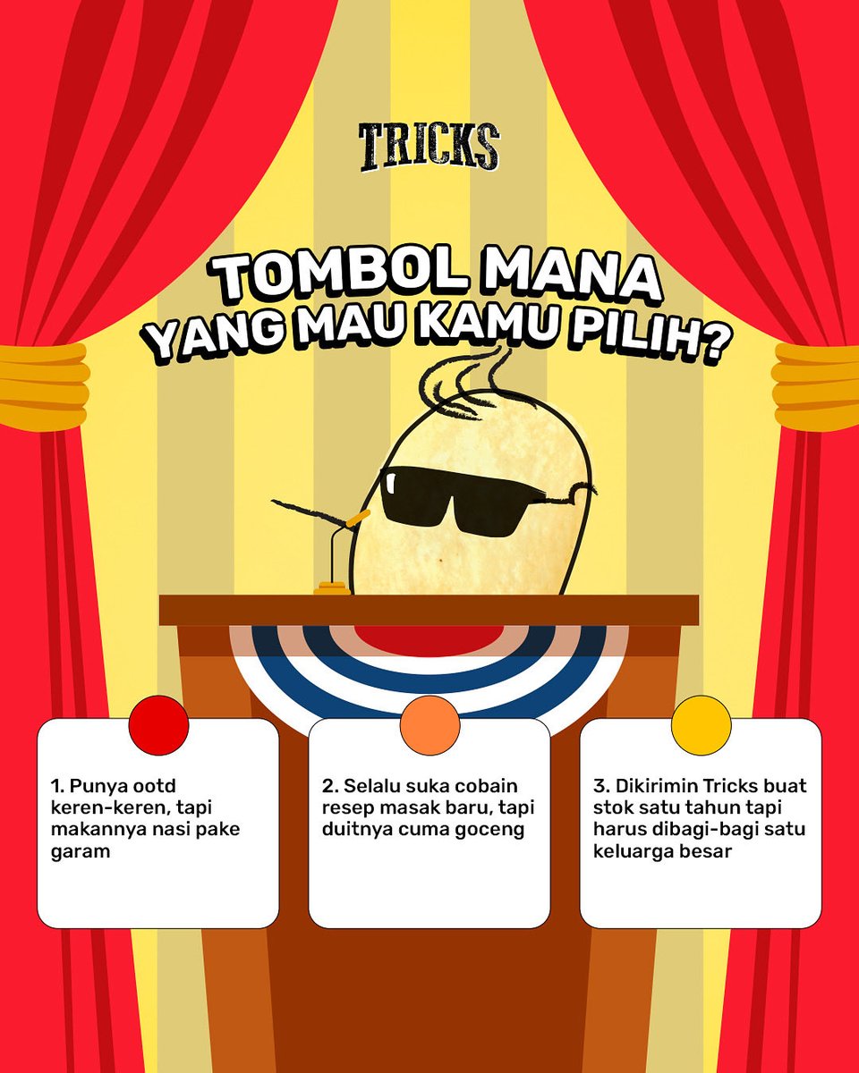 Waktunya game bareng Mimin Tricks 🎮

Dari ketiga tombol ini mana yg mau kamu pencet? Harus pilih satu ya 😜 Reply atau QRT warna tombolnya!

#TricksCrisps #SnackTricks #TRICKSinAja