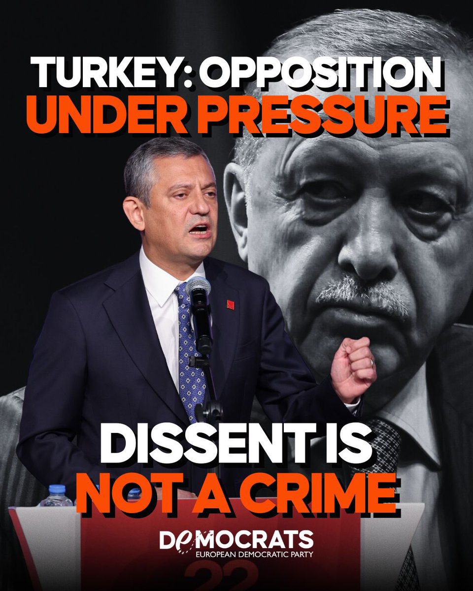 democrats_eu's tweet image. We are deeply concerned by the judicial investigation against Özgür Özel, leader of Turkey’s main opposition, accused of “insulting” the President and public officials.
After the cases against mayors like Ekrem İmamoğlu, a dangerous pattern is clear: Erdoğan is systematically…