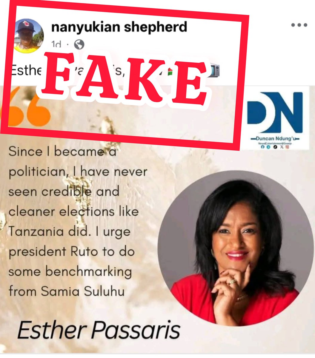 EstherPassaris's tweet image. Fake posters and fabricated statements using my name and image have been circulating online to mislead the public and distort my role as an AU observer. If you truly stand for truth, stop rewarding sources of misinformation. 
@CA_Kenya @DCI_Kenya @Kenyajudiciary this is the…