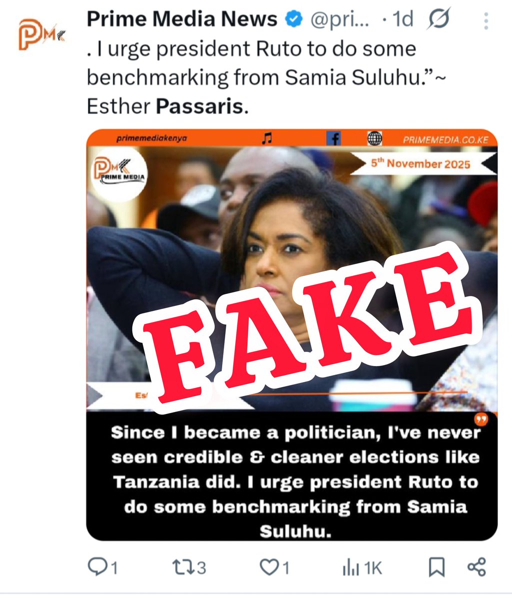 EstherPassaris's tweet image. Fake posters and fabricated statements using my name and image have been circulating online to mislead the public and distort my role as an AU observer. If you truly stand for truth, stop rewarding sources of misinformation. 
@CA_Kenya @DCI_Kenya @Kenyajudiciary this is the…