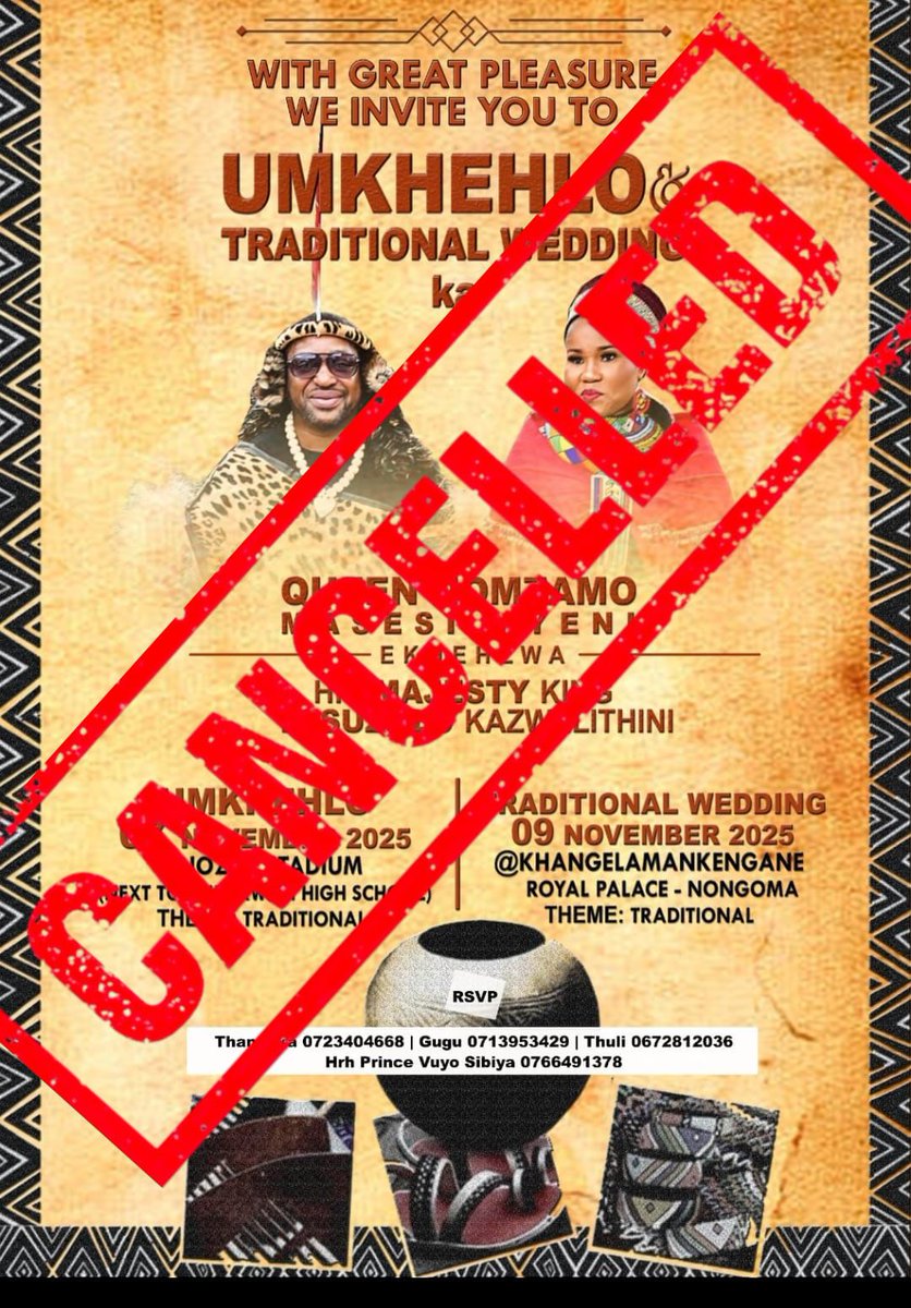 Due to the untimely passing of uNdlunkulu MaJiyane KaMntwana uGolden Zulu, the Zulu Royal Family has had to cancel the traditional wedding of Queen Nomzamo Myeni and her beau King Misuzulu KaZwelithini. 

The traditional wedding was set for the 09th November 2025 and has been