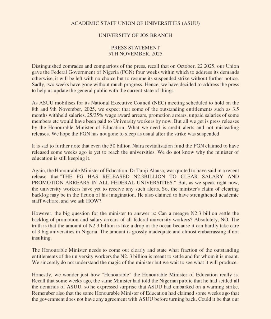 ASUU_UNILAG's tweet photo. 📰 Press Statement by ASUU-UNIJOS
📅 November 5, 2025
📌 ".. the strike was only suspended as a mark of respect and demonstration of goodwill in collective bargaining. So, we expect the FGN to reciprocate by satisfactorily addressing our demands without further delays" https://t.co/pxOXEQycRH