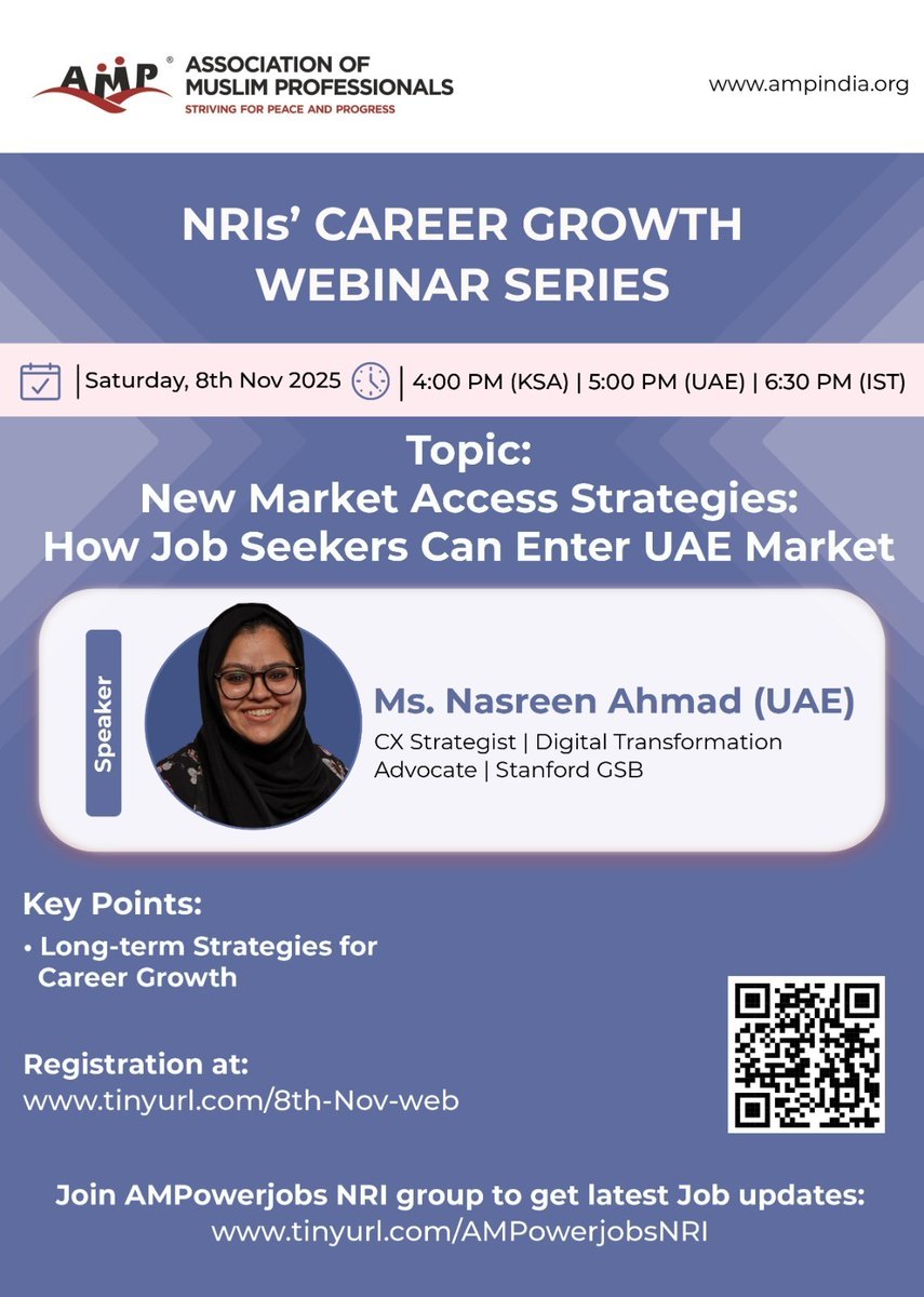 AmpIndia's tweet image. 🛫 𝐀𝐌𝐏 𝐍𝐑𝐈 𝐂𝐀𝐑𝐄𝐄𝐑 𝐆𝐔𝐈𝐃𝐀𝐍𝐂𝐄 𝐖𝐄𝐁𝐈𝐍𝐀𝐑 𝐒𝐄𝐑𝐈𝐄𝐒 🛬 
𝘞𝘦𝘣𝘪𝘯𝘢𝘳 𝘉𝘺 𝘈𝘔𝘗𝘰𝘸𝘦𝘳 𝘕𝘙𝘐 𝘛𝘦𝘢𝘮

𝐀𝐬𝐬𝐨𝐜𝐢𝐚𝐭𝐢𝐨𝐧 𝐨𝐟 𝐌𝐮𝐬𝐥𝐢𝐦 𝐏𝐫𝐨𝐟𝐞𝐬𝐬𝐢𝐨𝐧𝐚𝐥𝐬 (𝐀𝐌𝐏), in collaboration with 𝐀𝐌𝐏𝐨𝐰𝐞𝐫 𝐍𝐑𝐈 𝐓𝐞𝐚𝐦 invites you to