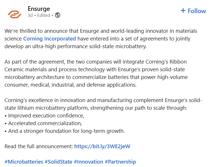 $GLW 코닝은 정말... 대단하다
globenewswire.com/news-release/2…

Ensurge(OSE: ENSU)와 코닝(Corning Incorporated, NYSE: GLW)이 Ensurge의 전고체 마이크로 배터리를 공동 개발하기 위한 협약을 발표

코닝의 리본 세라믹(Ribbon Ceramic) 재료 및 공정 기술을 Ensurge의 전고체 마이크로 배터리 아키텍처와