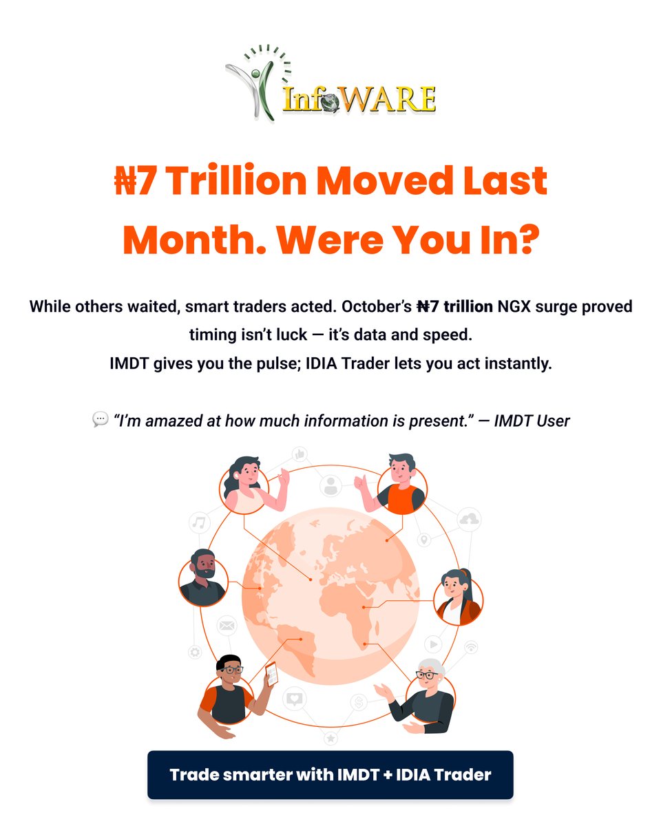 InfoWARELimited's tweet photo. โฆ7 trillion moved last month. Were you in?
Smart traders move with data, not luck.
Trade smarter with IMDT + IDIA Trader now ๐๐ป
https://t.co/1XyBQDAuj4
#NGX #StockMarket #InvestSmart #MarketInsights #IMDT #IDIATrader #InfoWARE #FintechAfrica #AITrading https://t.co/4fyYEsHB10