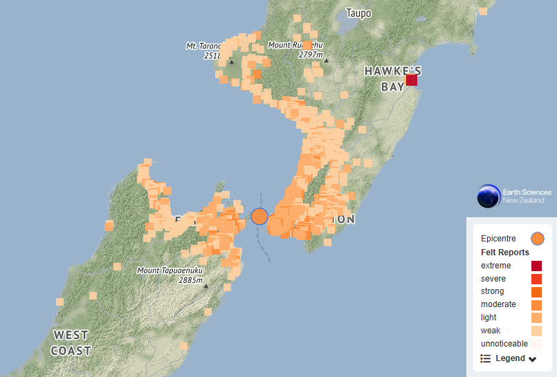 geonet's tweet photo. A M4.9 earthquake with moderate shaking has occurred in the Cook Strait at 9:09 pm tonight. It was 22 km deep and widely felt through central New Zealand and we have received over 30,000 felt reports.
Another reminder that earthquakes can occur anywhere in New Zealand at any time https://t.co/xtKzAlUkoN