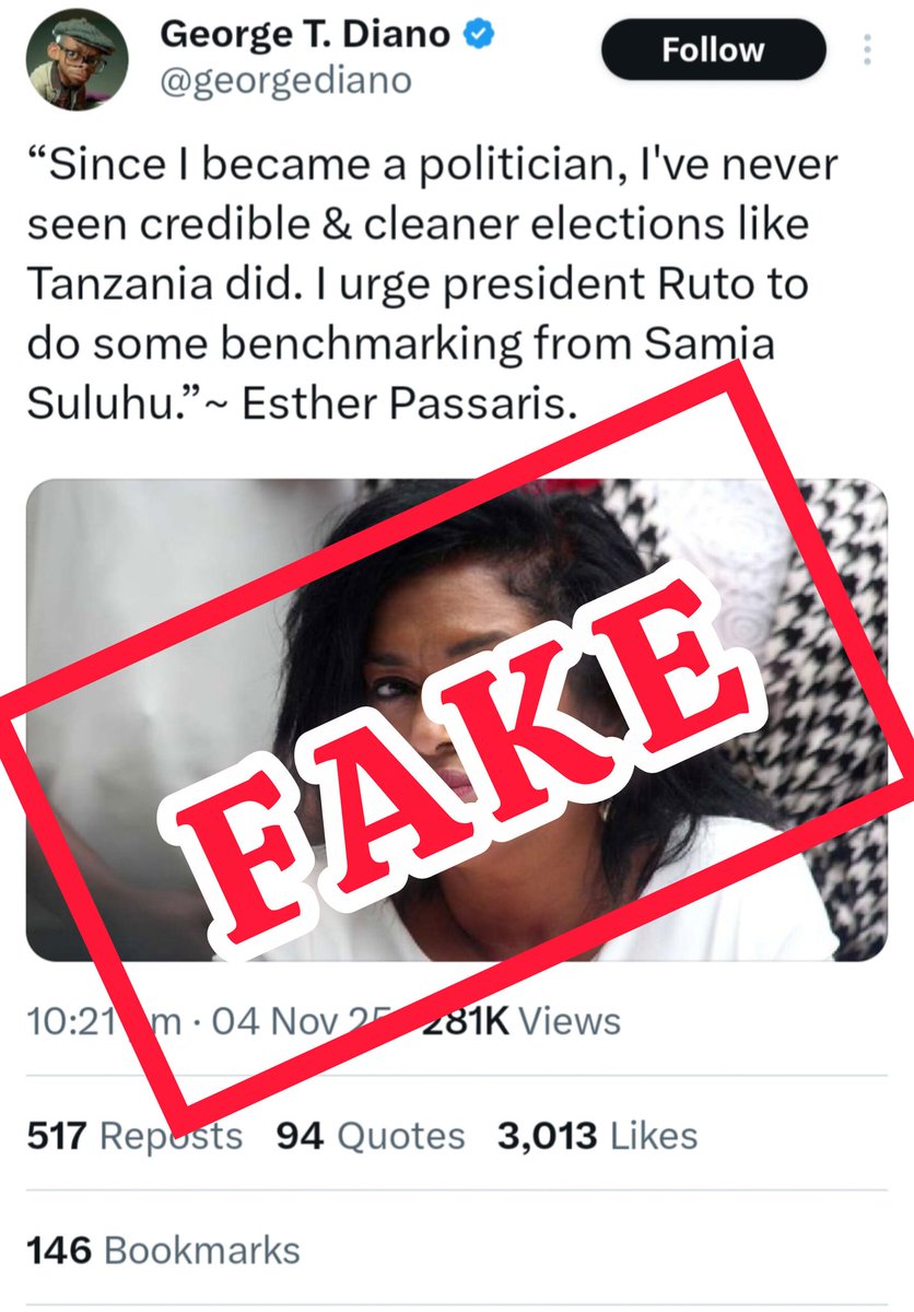 EstherPassaris's tweet image. Fake posters and fabricated statements using my name and image have been circulating online to mislead the public and distort my role as an AU observer. If you truly stand for truth, stop rewarding sources of misinformation. 
@CA_Kenya @DCI_Kenya @Kenyajudiciary this is the…