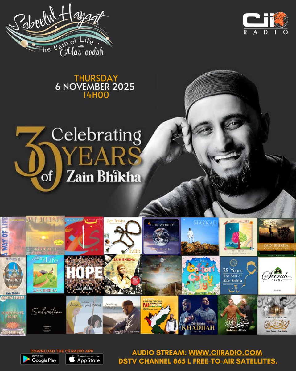 Join me today, 6 November, just after 14:00 (SAST) on Sabeelul Hayat with Mas-oodahJappie on CII Radio. 

Stream it on ciiradio.com/listen-live/

Or you can listen on DSTV audio channel 865 : al-ansaar.simplestreaming.co.za/public/al-ansa…
#zainbhikha