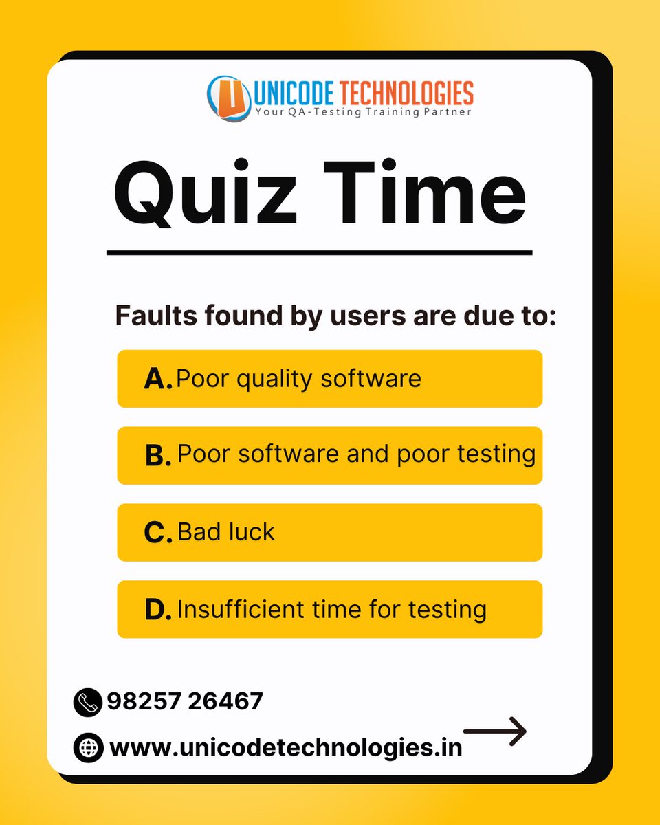 hrunicode's tweet image. 🧩 Quiz Time!
Faults found by users are due to:
A. Poor quality software
B. Poor software &amp;amp; poor testing
C. Bad luck
D. Insufficient time for testing
Drop your answer ⬇️
#QATesting #SoftwareTesting #TechQuiz #UnicodeTechnologies #TestingCommunity #ManualTesting #QualityAssurance