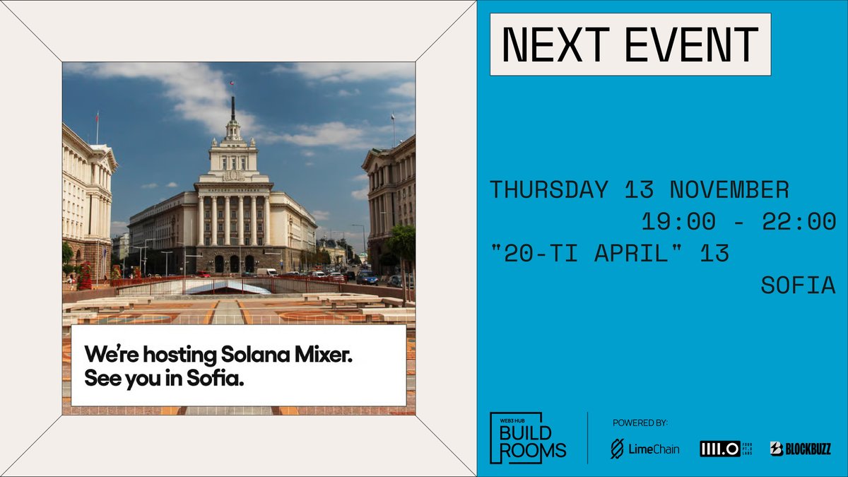 New event at BuildRooms alert!  

Join <a href="/LimeChainHQ/">LimeChain - Blockchain & Web3 Solutions</a> and <a href="/SuperteamBLKN/">Superteam Balkan</a> for an evening dedicated to crypto, Solana, and building the next wave of tech innovation in the Balkans.  

🗓️ Nov 13 
🕖 19:00 
📍 Resonator 

Register 👇
luma.com/je36rujd