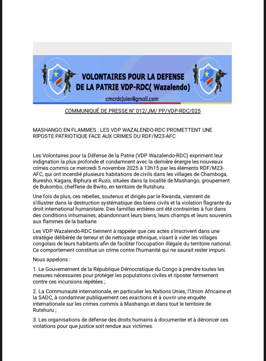 wazalendodrctv's tweet photo. Nouvelle tragédie à Mashango (Rutshuru) : le RDF/M23-AFC a incendié plusieurs habitations civiles le 5 novembre 2025.
La riposte sera patriotique, morale et populaire.
La souveraineté de la RDC n’est pas négociable.
#RDC #Mashango #NordKivu #Wazalendo https://t.co/sC1o1pqMvU