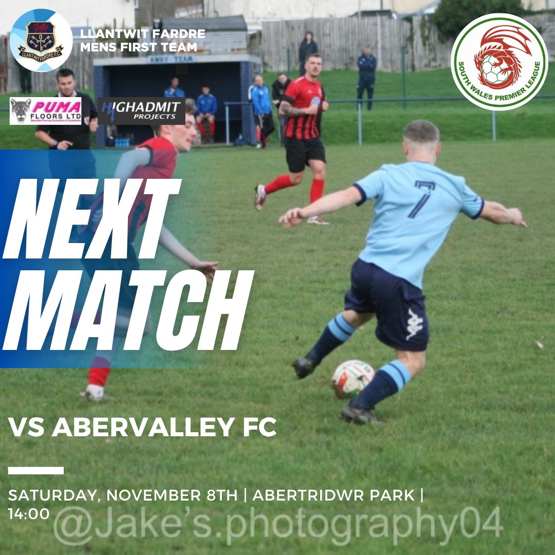 Come and support the lads away as they look to carry their momentum from last week into this Saturday🔵

🏆Hight Admits Projects South Wales Premier
⏰ 14:00
🆚Aber Valley FC
🏟️Abertridwr Park
📍CF83 4EJ

#VivaLaFardre #LlantwitFardreFC