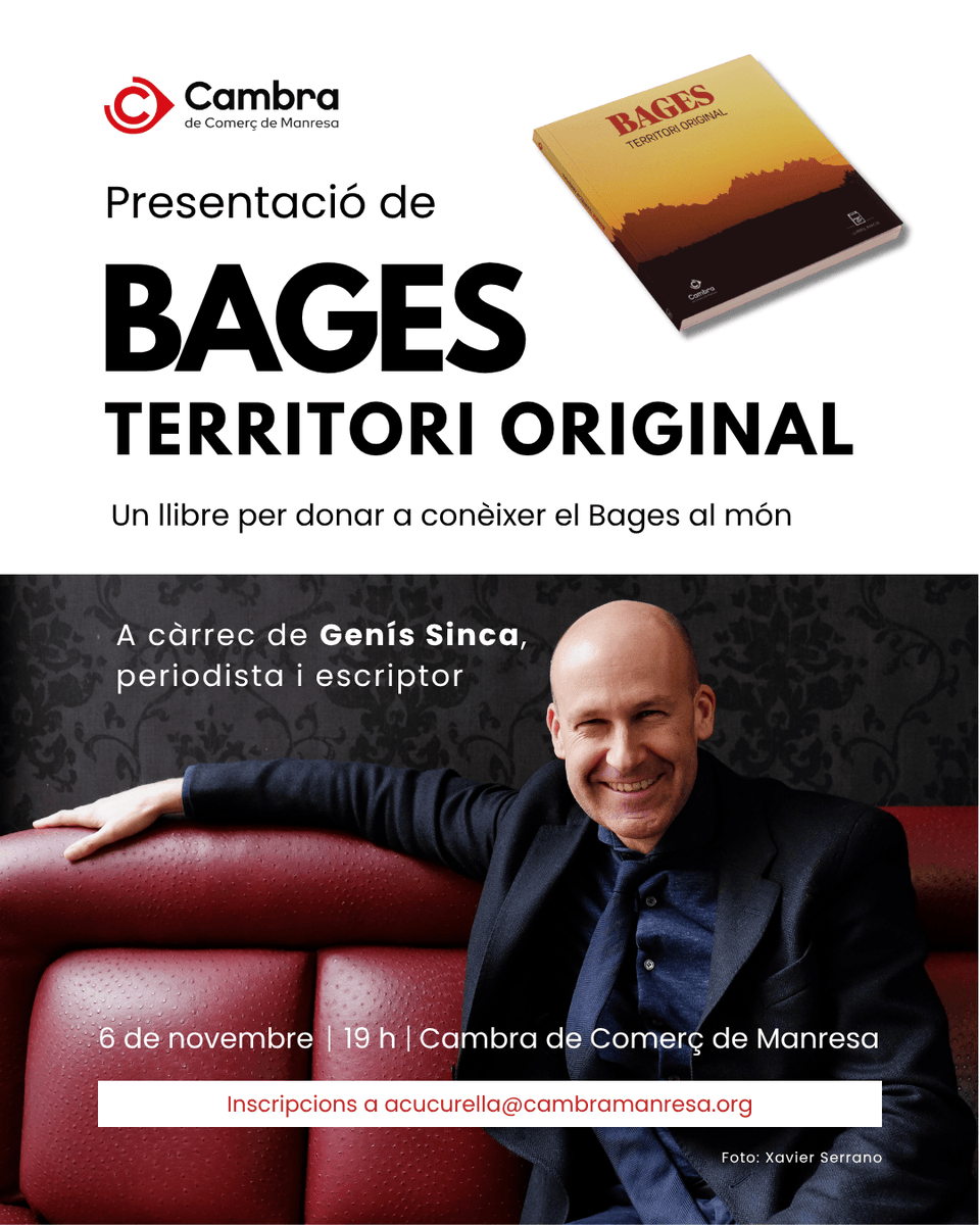 📖 Recordeu que aquesta tarda presentem “Bages, territori original” amb el periodista i escriptor <a href="/GenisSinca/">Genís Sinca</a>, amb qui parlarem de la importància del territori a l'hora d'impulsar l'economia.

Us hi esperem!

#CambraManresa #Bages #Manresa #empreses