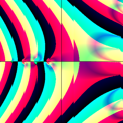 TakagiHitoshi's tweet image. Γ関数（複素数）/ #p5js #openprocessing 
openprocessing.org/sketch/2782501
Γ関数は階乗の拡張。自然数ではΓ(n)=(n-1)!
Lanczosの方法で計算した。
実部と虚部の対数値をそれぞれ赤と緑で、偏角を青で色付けし、絶対値をドットの大きさ（最大20）にしている。