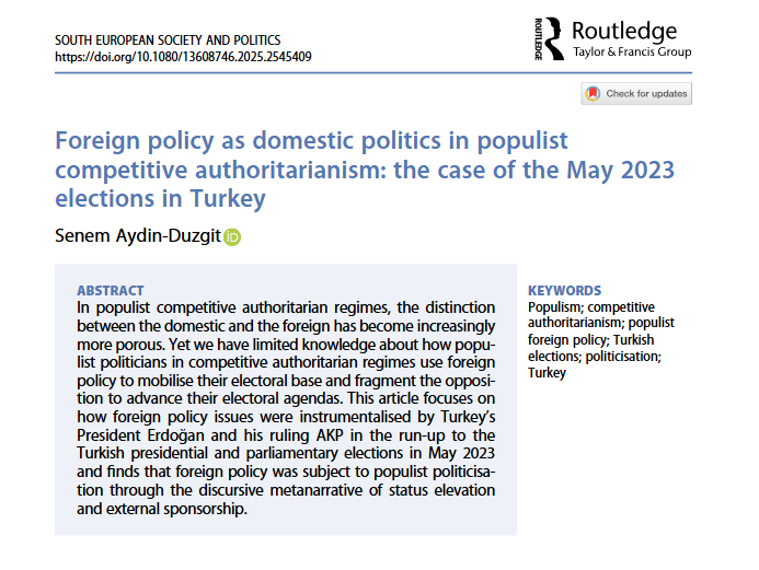 💡NEW STUDY FINDS…💡🇹🇷
‘approaching foreign policy as a solely external matter... may run the risk of attributing it marginal significance in electoral contests where populists compete for power’
#Turkey 

Read the article by <a href="/SenemAydnDzgit/">Senem Aydın-Düzgit</a> 👇
tandfonline.com/doi/full/10.10…