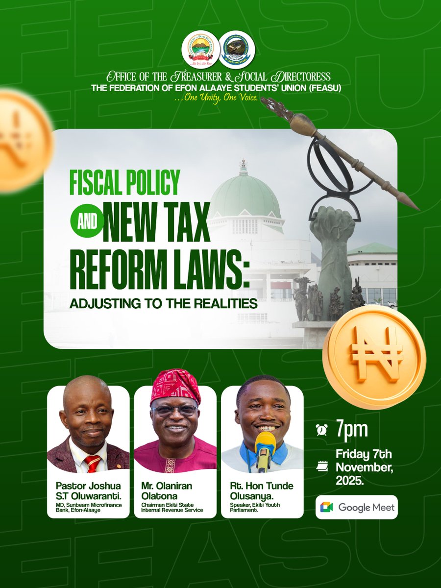 feasu_sg's tweet photo. Later today and tomorrow evening, the Efon-Alaaye Students’ Union will host virtual chats on leveraging entrepreneurial skills and the recently passed tax reform laws.

These sessions with versed speakers promise to be insightful.
 
Join via: https://t.co/oac2uqorM7 https://t.co/NfnEL11qwL