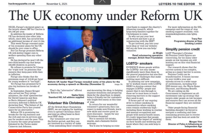hackneysutr's tweet image. #SashaSimic in The @hackneygazette on the economic "policy" of the racist millionaire #Farage, which seems identical to the one the #Tories delivered.
It's cuts for workers and the poor and tax cuts for the #FatCats.
Racist #ReformUK is a bosses party.