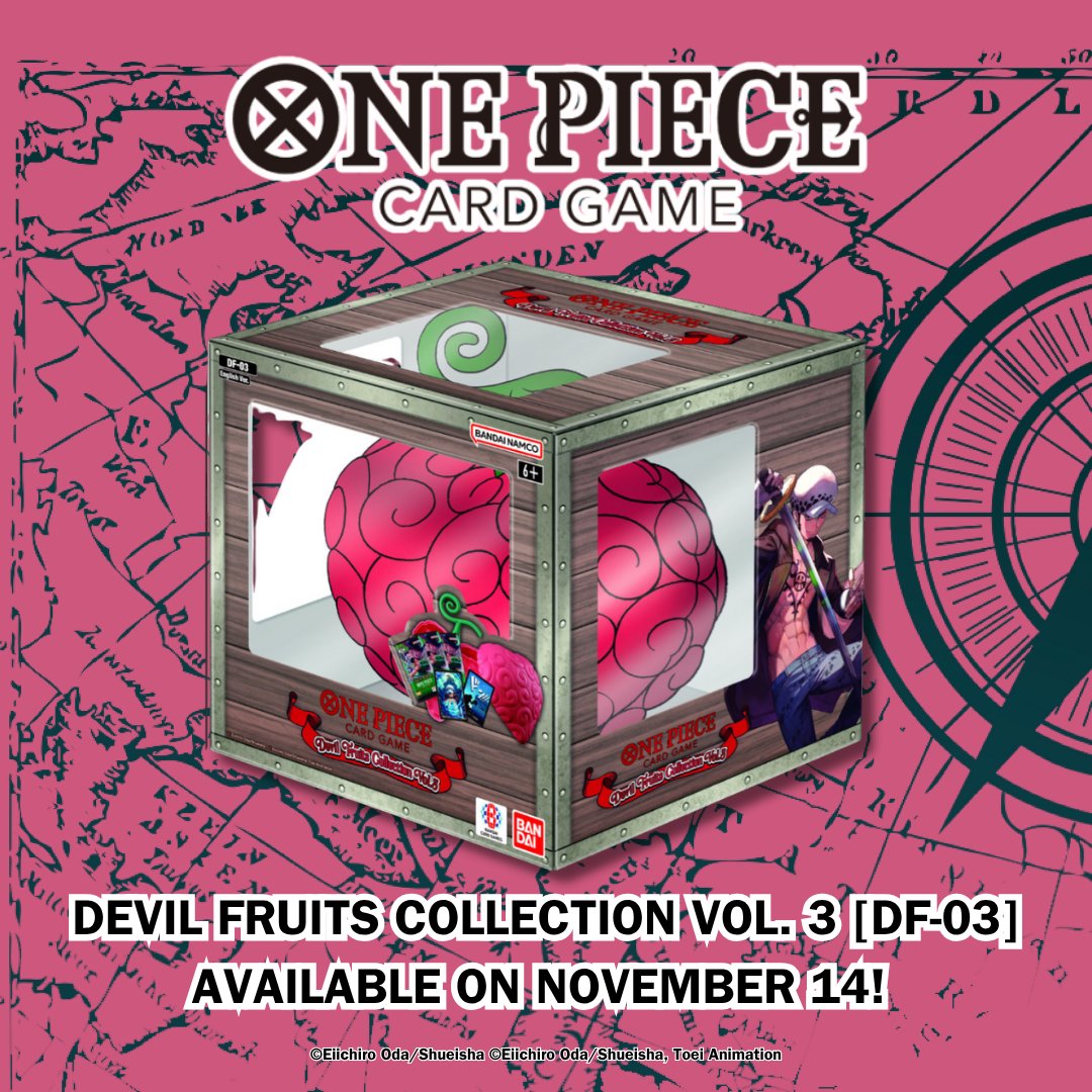 Devil Fruits Collection Vol.3 [DF-03] will be available on November 14!  This collection includes: Booster Pack [OP-12] x3 DON!! Card x1 (2 types)  Sleeves (10 pcs set) x1 (2 types) Packed with