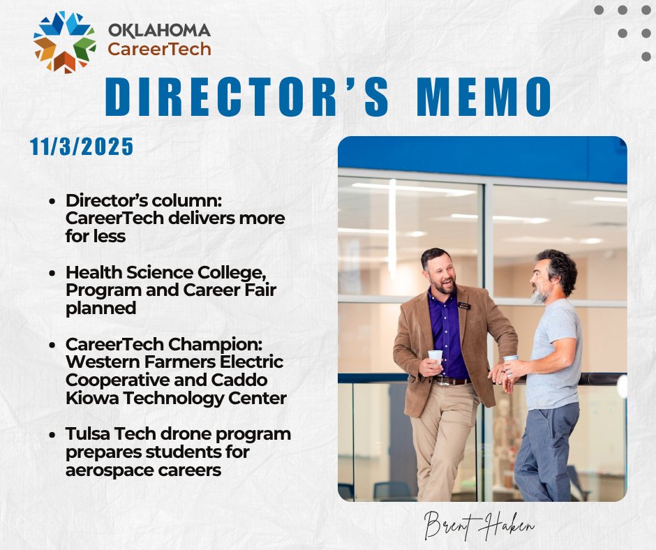 okcareertech's tweet photo. Stay informed with the latest from #okcareertech!

This week’s Director’s Memo covers important updates, key announcements and agency highlights you won’t want to miss.

Read the full memo here: https://t.co/6MtWqinPcE 
.
#OKCareerTech | #OklaomasWorkforceLeader https://t.co/CKbULbMruR